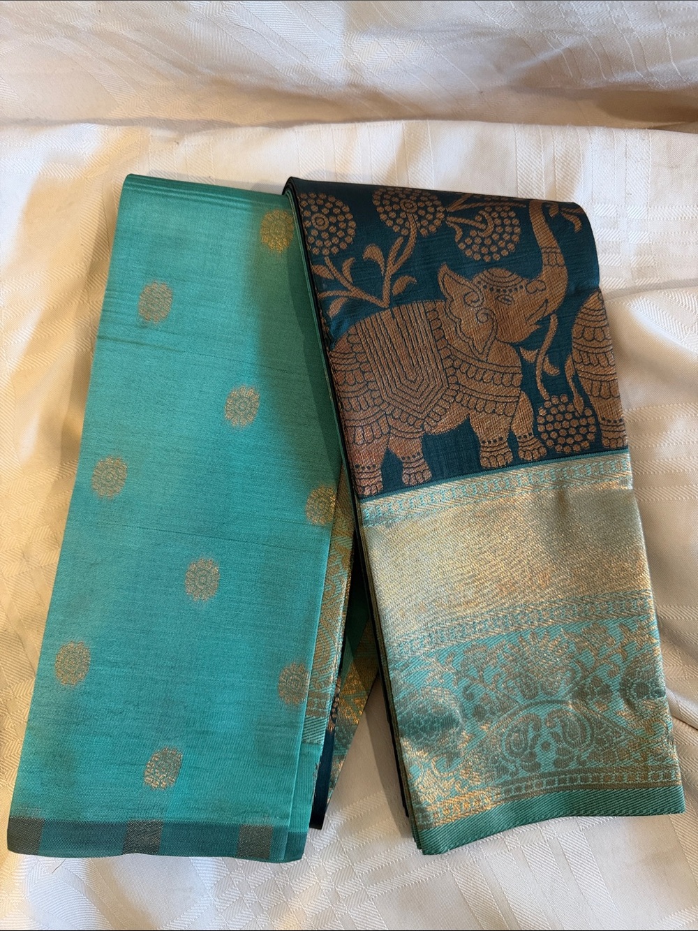 Teal and Gold Blended Silk Saree with Elephant Motif